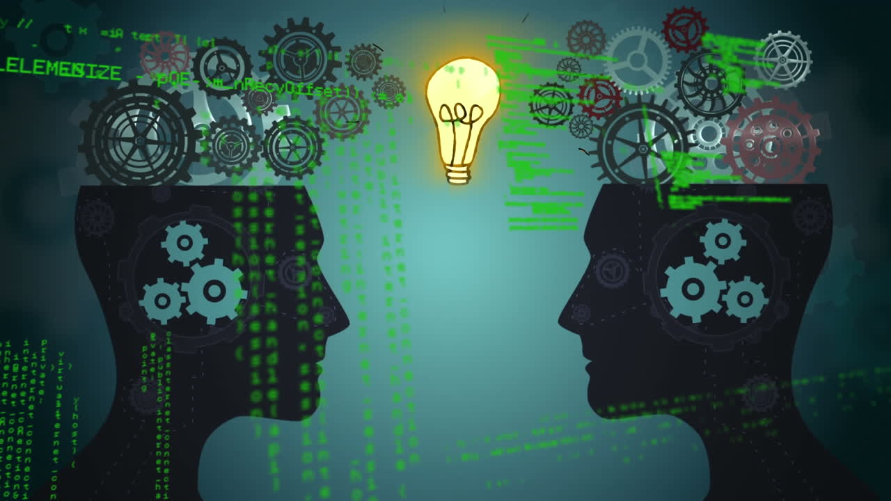 анимация человеческих голов с помощью лампочки, цифровых зубчатых колес и обработки данных