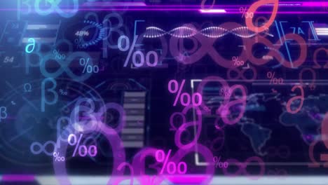 animación de cadena de adn y símbolos sobre procesamiento de datos en fondo negro.