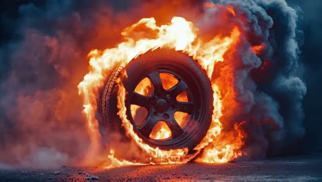 un neumático de coche en llamas en el medio de la carretera
