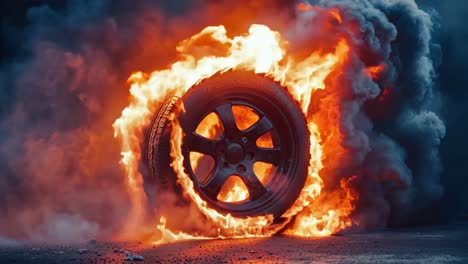 a car tire on fire in the middle of the road