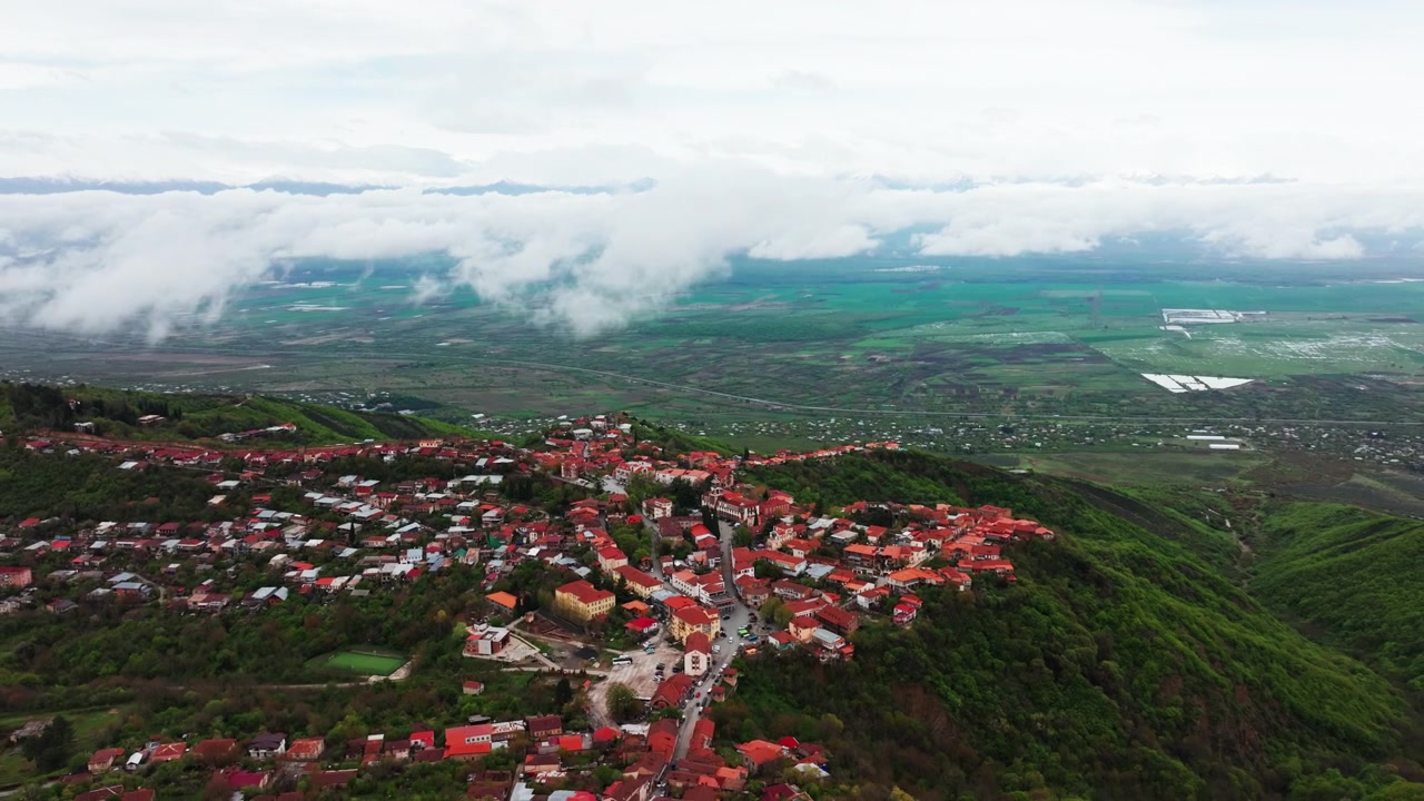Vista aerea panoramica di Sighnaghi dall'alto che mostra mura fortificate, tetti e vasti paesaggi aperti