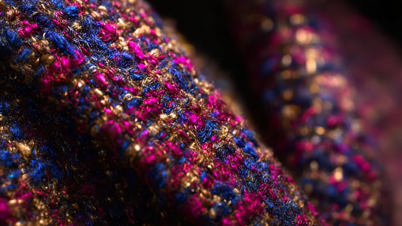 A close-up view of luxurious textured fabric showcasing vibrant colors and intricate detailing, highlighting the interplay of rich gold, deep blue, and bold pink in a captivating woven pattern