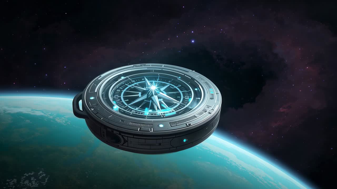 System power driving compass-like device rotating above planet horizon, aligning course