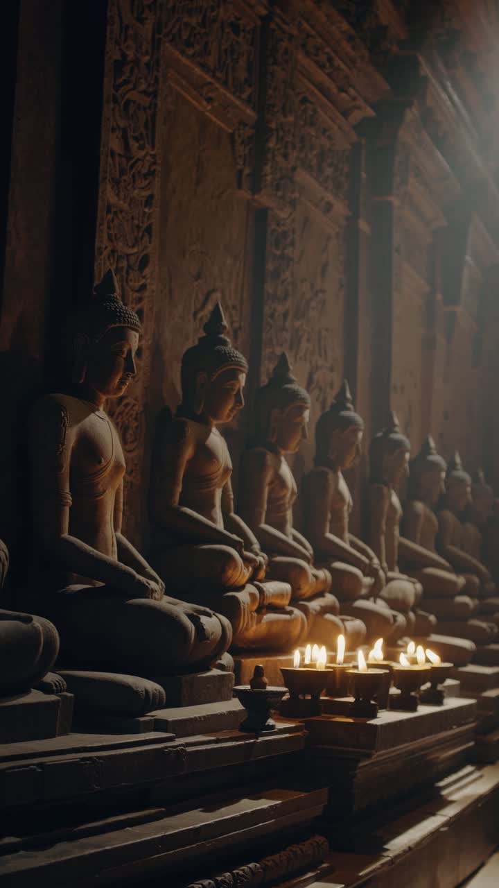 Statue serene di Buddha e candele accese in un tempio poco illuminato
