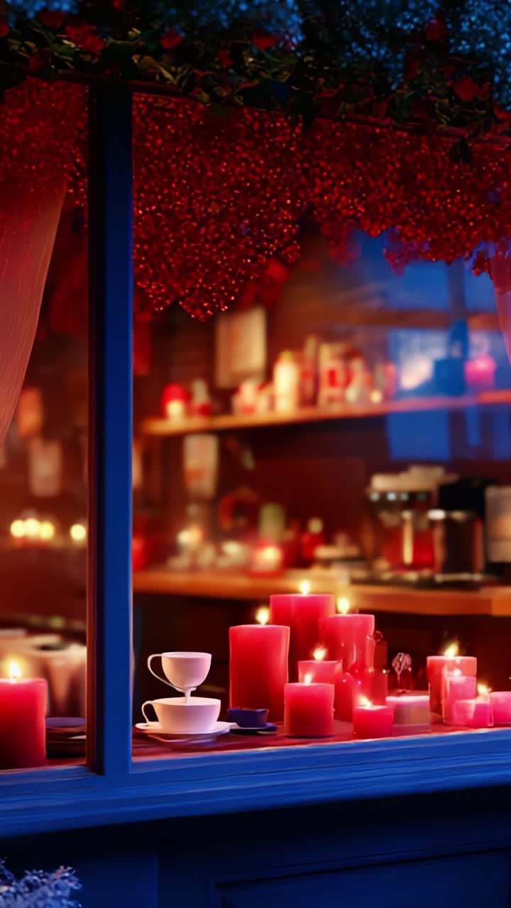 A Serene Evening Scene with Romantic Red Candles and Coffee Cups Highlighting a Cozy Ambiance in a Café Window at Dusk, Creating a Warm, Inviting Atmosphere for Relaxation and Enjoyment