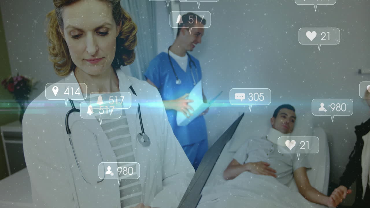 Medical team examining chart in hospital, patient wearing neck brace, notification icons floating