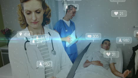 medical team examining chart in hospital, patient wearing neck brace, notification icons floating