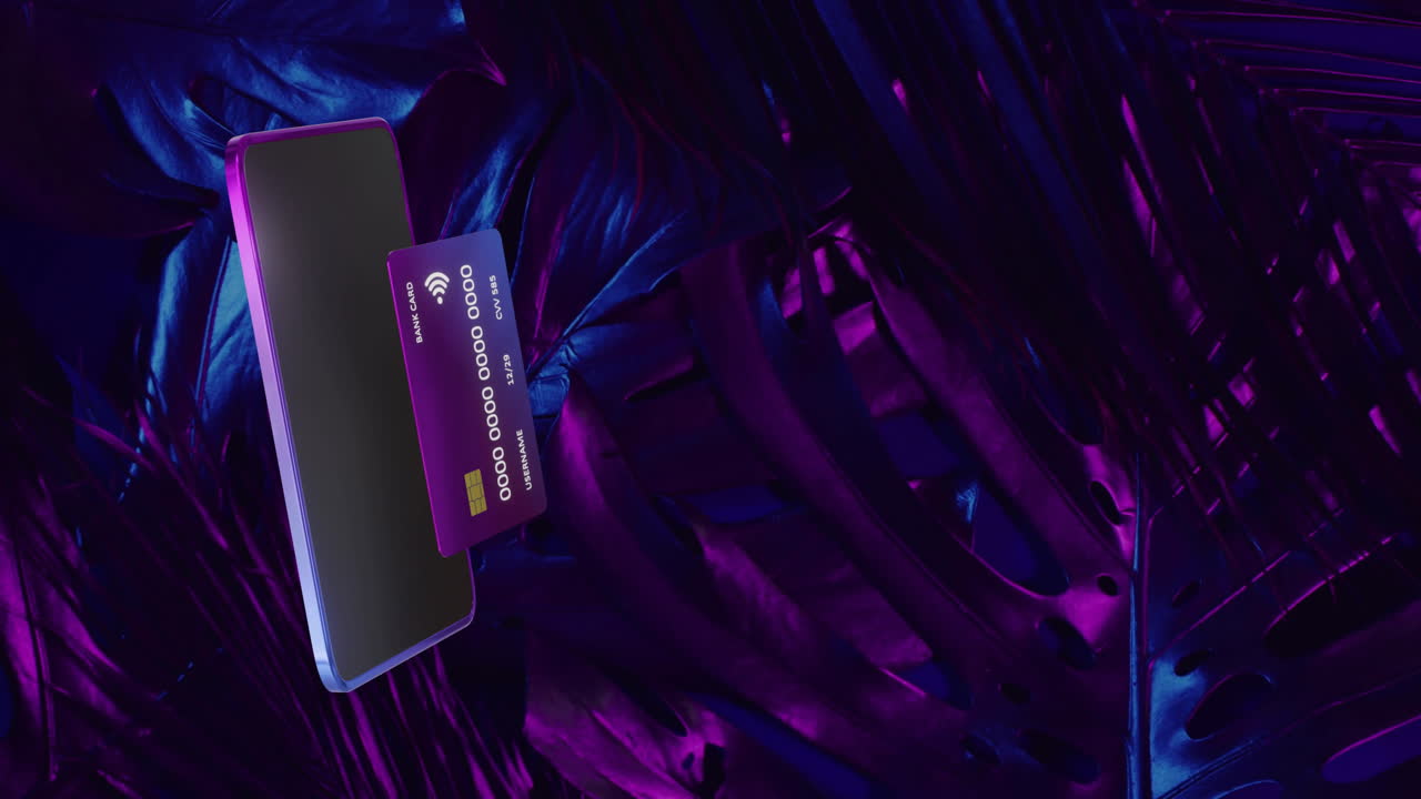 Animation of smartphone and credit card with data over black background