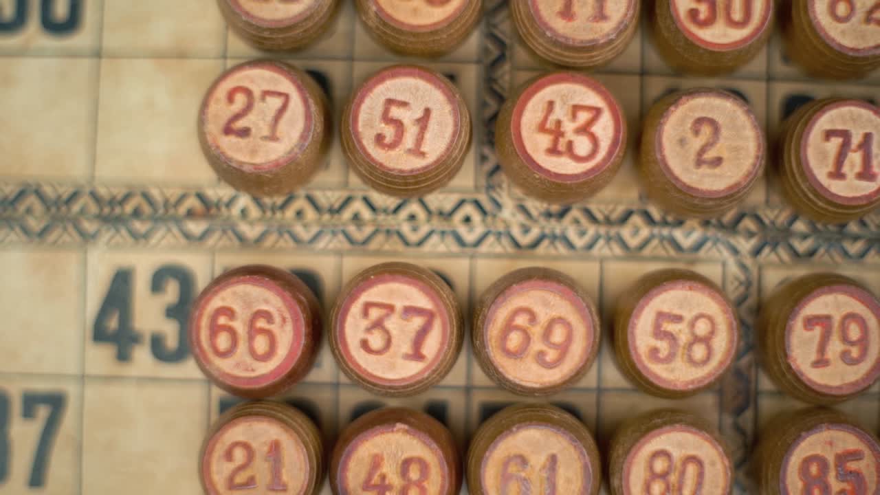 Cinematic close-up smooth zoom out, shot from above of a Bingo wooden barrels, woody figures, old numbers background, vintage board game, lucky number, professional lighting, slow motion 120 fps