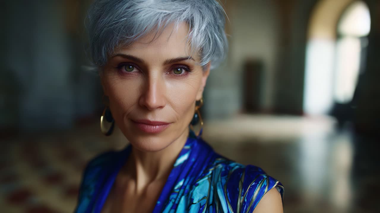 Un momento affascinante: ritratto di una donna con eleganti capelli grigi e un abito blu in un ambiente interno raffinato, che celebra la bellezza e l'eleganza in ogni dettaglio