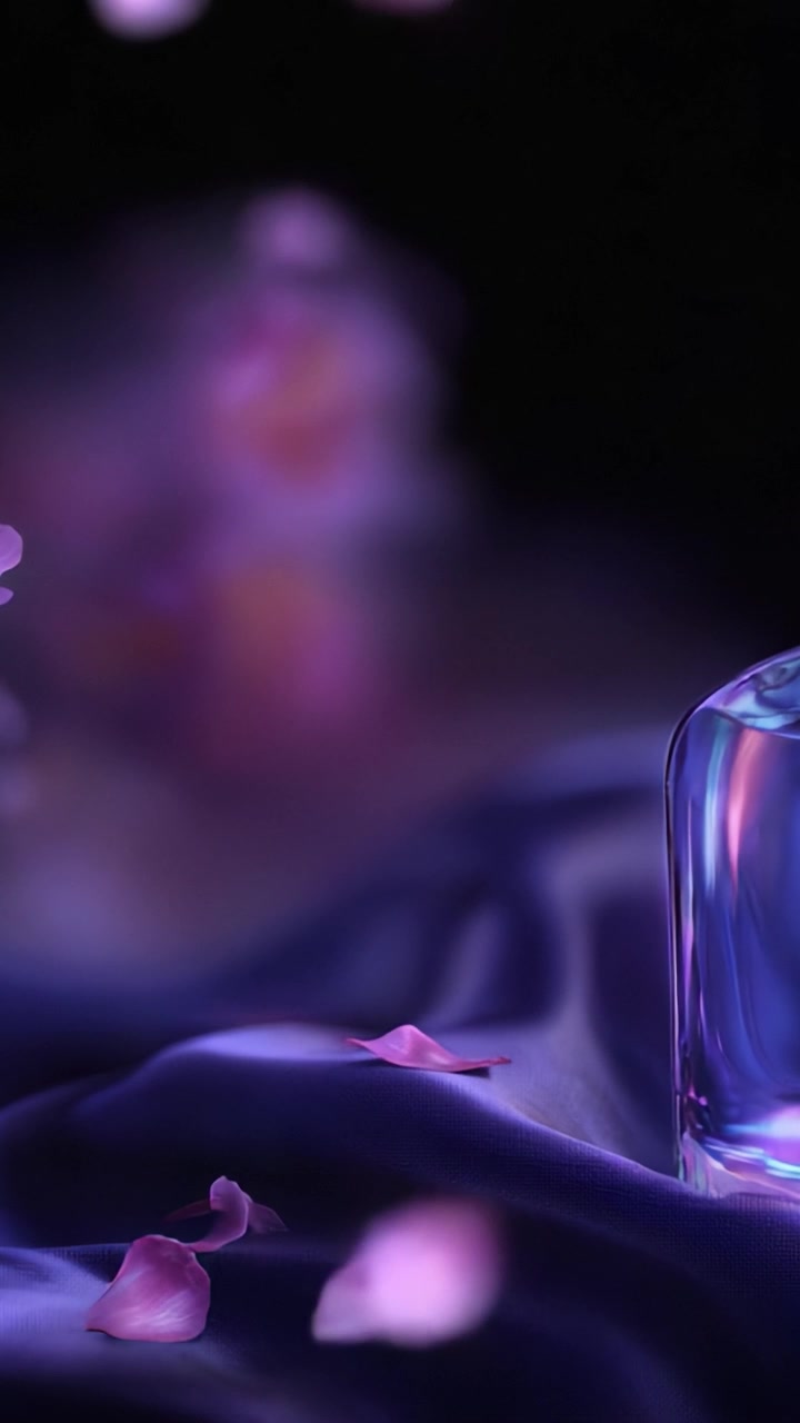 Scena estetica con una bottiglia di profumo e petali galleggianti su un morbido tessuto viola in un'atmosfera accattivante e sognante durante le ore serali.