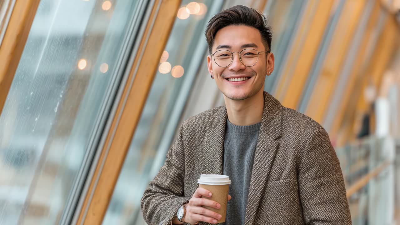 A Stylish Young Man Enjoys His Coffee While Smiling Brightly Against a Beautifully Designed Modern Interior with Natural Light and Warm Wood Accents
