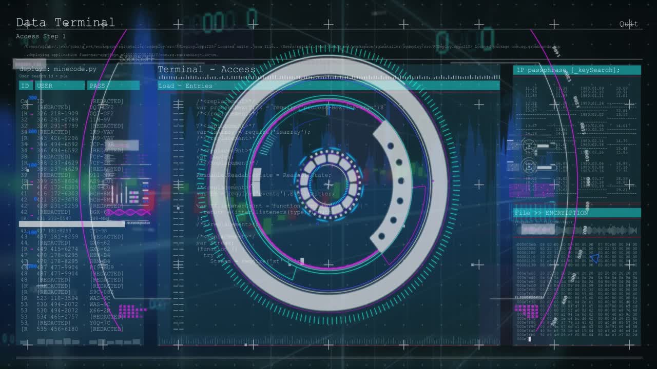 animación de círculos sobre lenguaje de computadora y antigua interfaz de computadora contra gráfico en el fondo.