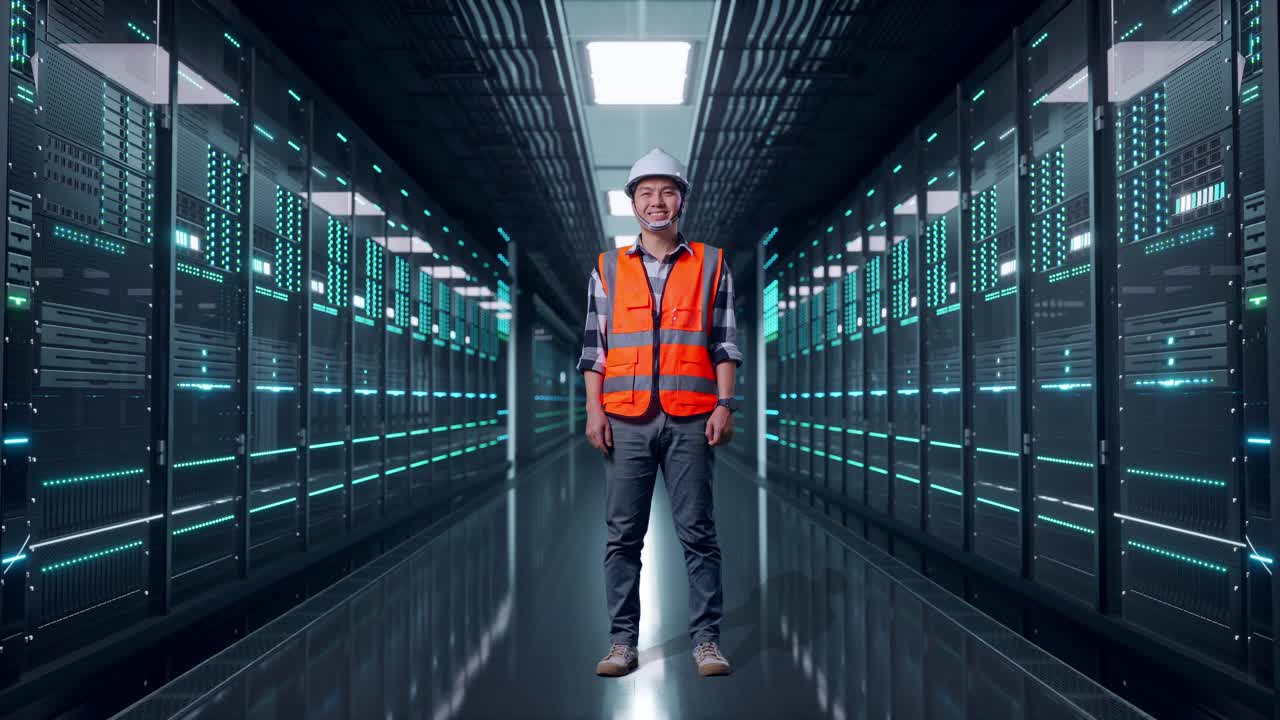 Full Body Of Asian Male Engineer With Safety Helmet Smiling To Camera While Standing in Server Room Data Center