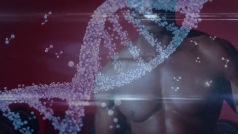 animación de una cadena de adn sobre un hombre musculoso haciendo ejercicio