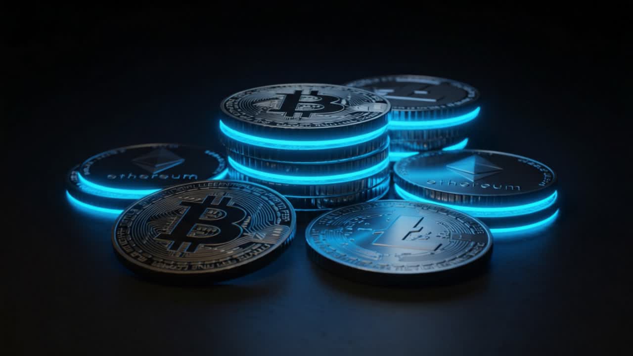 A Close-Up View of Illuminated Cryptocurrency Coins Showcasing Bitcoin and Ethereum Against a Dark Background, Symbolizing Digital Wealth and Trading Possibilities