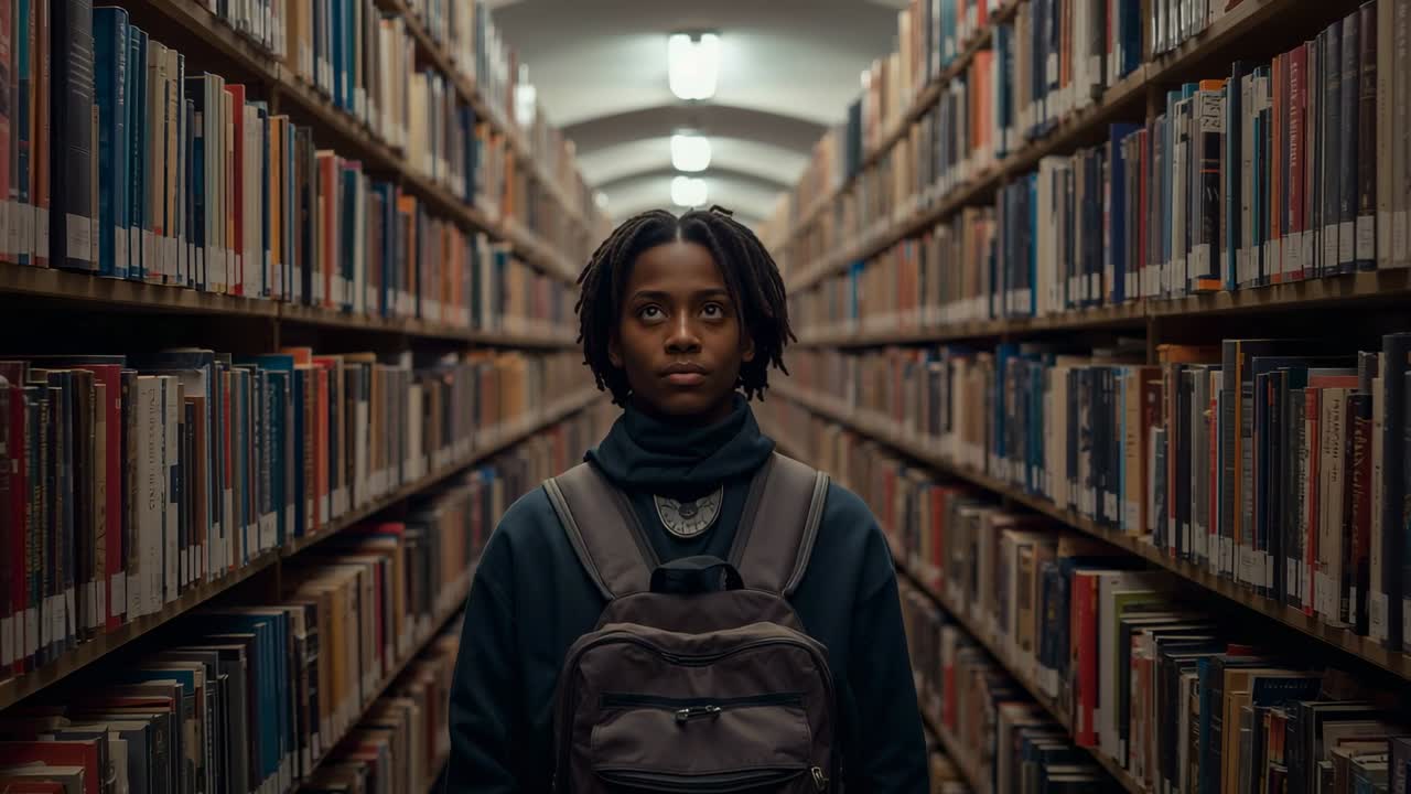 Standing student wearing dark sweater reflecting, shifting gaze at overhead lights in narrow stacks