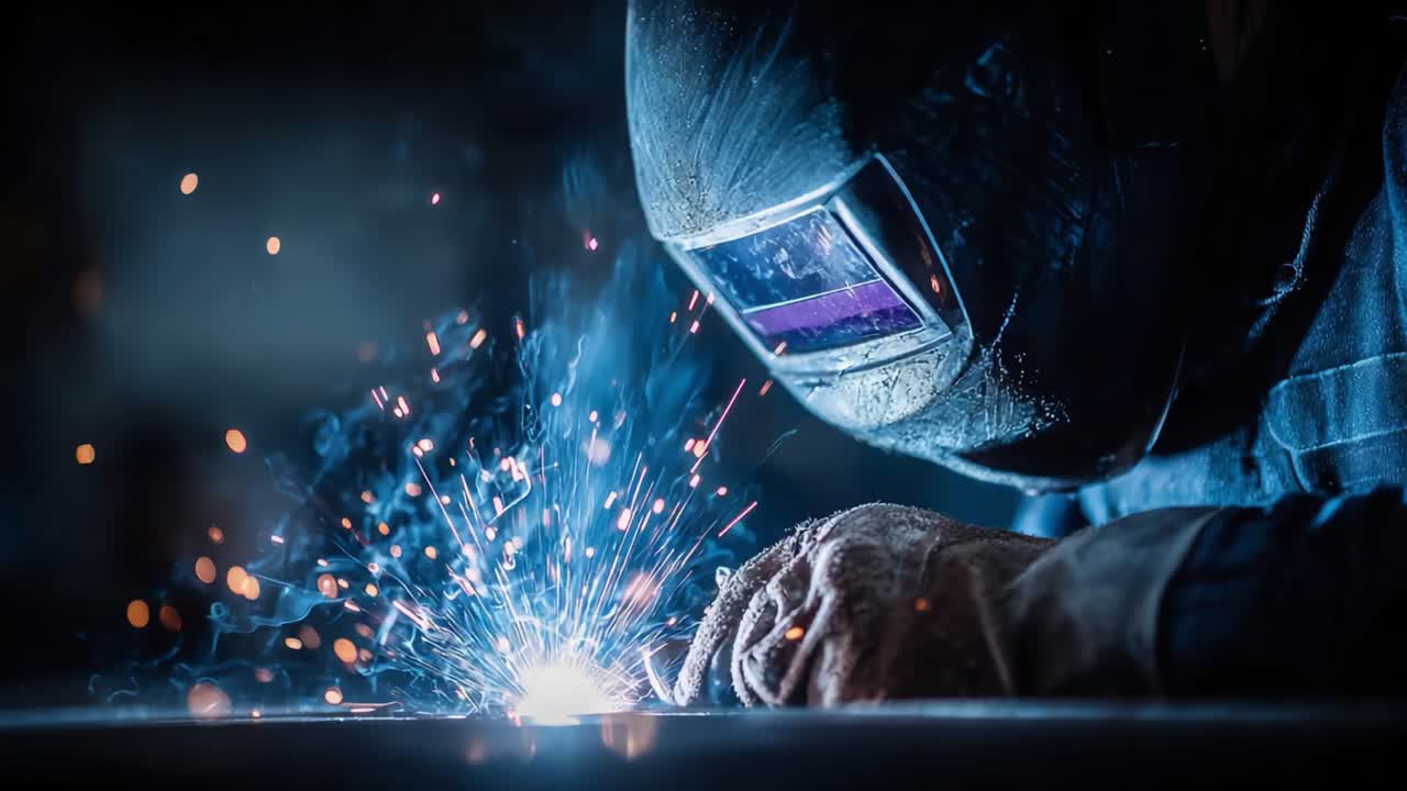 A Skilled Welder Illuminates the Night with Sparks and Smoke, Showcasing Precision and Technique in Metal Crafting and Joining Processes