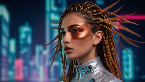 futuristic portrait of a woman with intricate braids and bold makeup against a neon cityscape, showcasing a blend of modern fashion and cyberpunk aesthetics