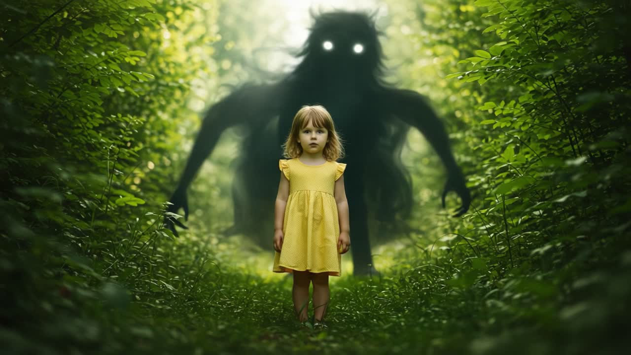 Um encontro assustador na floresta: uma menina de vestido amarelo encara destemidamente uma criatura sombria com olhos brilhantes em uma misteriosa paisagem verde
