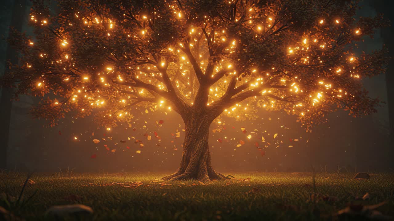 A mesmerizing illuminated tree stands majestically in a foggy forest setting, glowing with enchanting lights as leaves gracefully fall to the ground, creating a magical ambiance