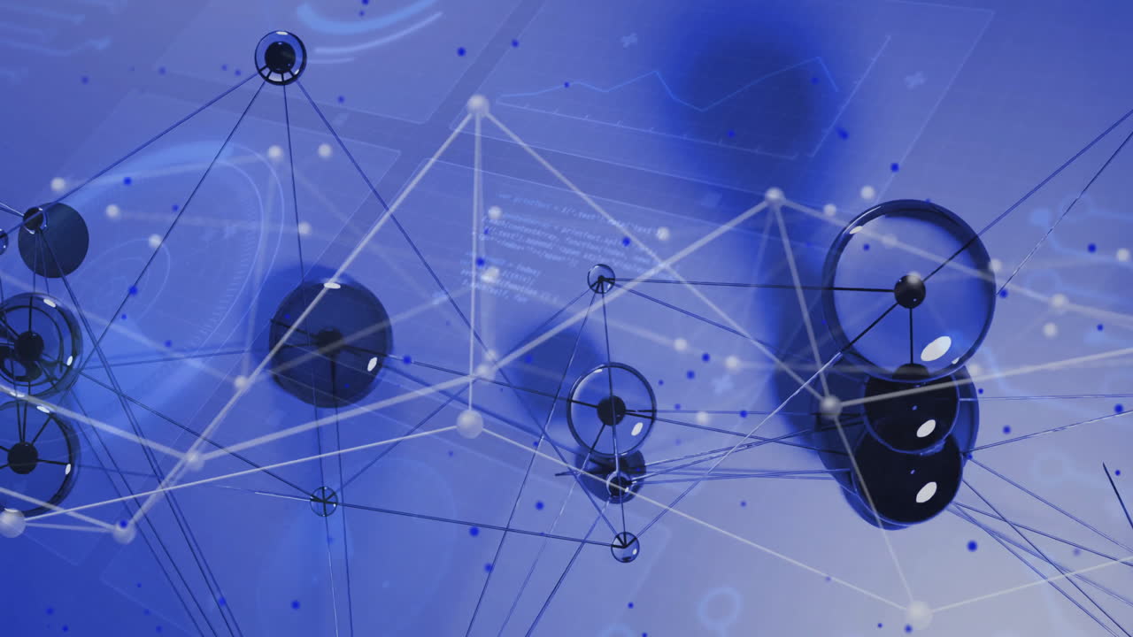 Network of connections and data processing animation over abstract blue background