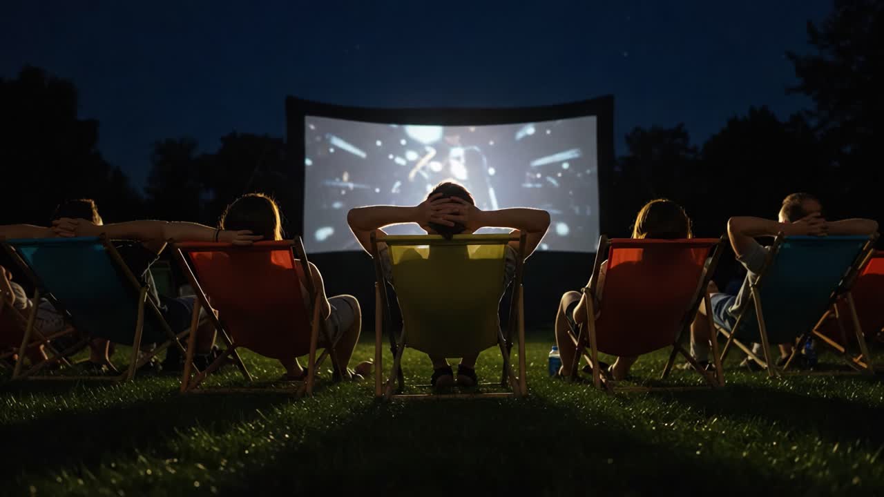 A Group of Friends Enjoying an Outdoor Movie Night Under the Stars, Relaxing on Colorful Chairs in Front of a Large Screen Displaying a Film