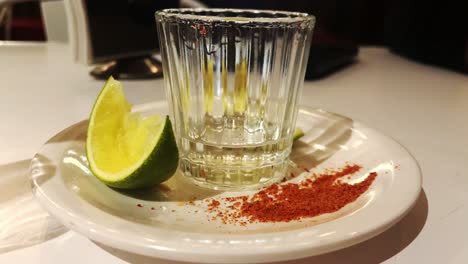 a glass of mezcal mescal mexico famous alcoholic beverage drink with lime lemon and pepper powder