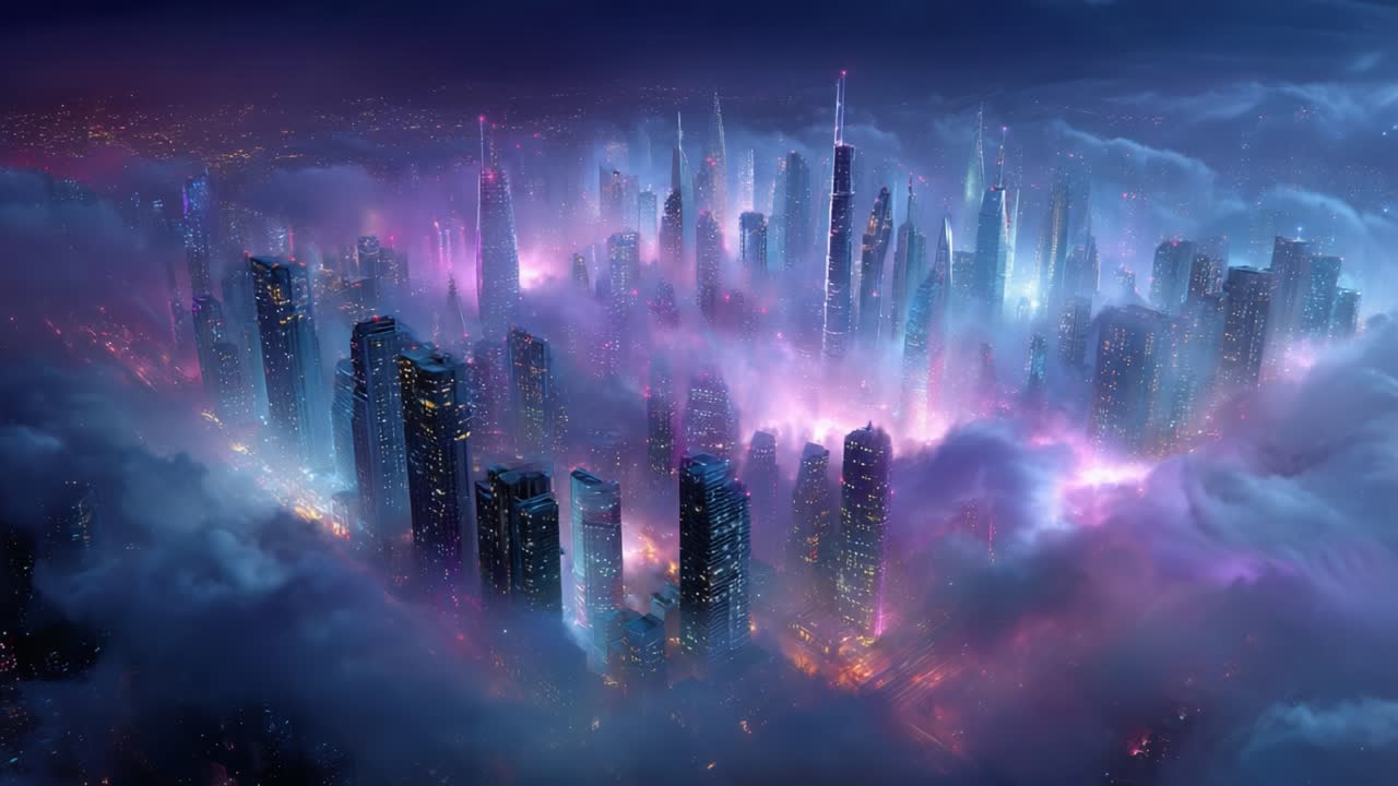 A Mystical Cityscape Emerges from Enveloping Fog, Showcasing Towering Skyscrapers Illuminated by Neon Lights Against a Night Sky