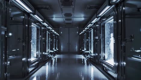 corredor futurista con cámaras criogénicas