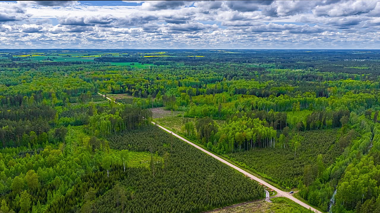Drone hyperlapse of forest landscape with dirt road and fields under dramatic cloudy sky