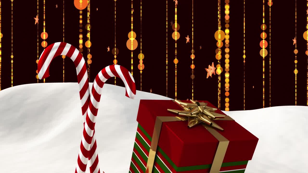 선물 과 크리스마스 사탕 의 애니메이션 이 눈 위 에 누워 있으며, 황금색 빛 이 배경 에 떨어지고 있다