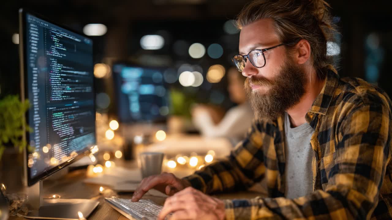 Focused Programmer Analyzing Code at Night in a Cozy Workspace with Ambient Lighting and Programming Screens Displaying Data