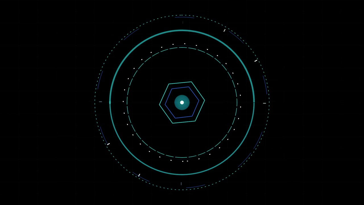 Futuristic Digital HUD Interface with Rotating Hexagon and Circular Elements