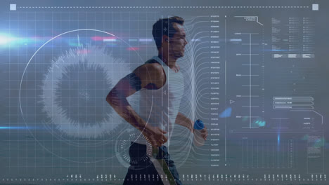 animación de escaneo de alcance y procesamiento de datos sobre hombre en condiciones de correr por la orilla del mar