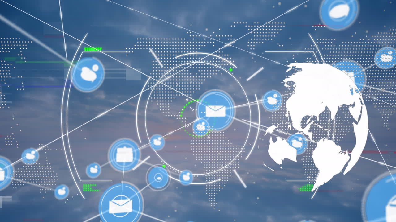 디지털 아이콘의 네트워크를 통해 스 ⁇  스캐닝의 애니메이션과 파란 하늘에 대해 회전하는 지구