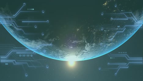 glowing motherboard processing data over sun and planet earth