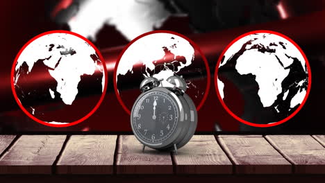animación de un reloj despertador de época sobre globos girando