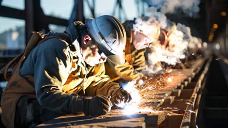 welders working diligently on construction site at sunset in a city