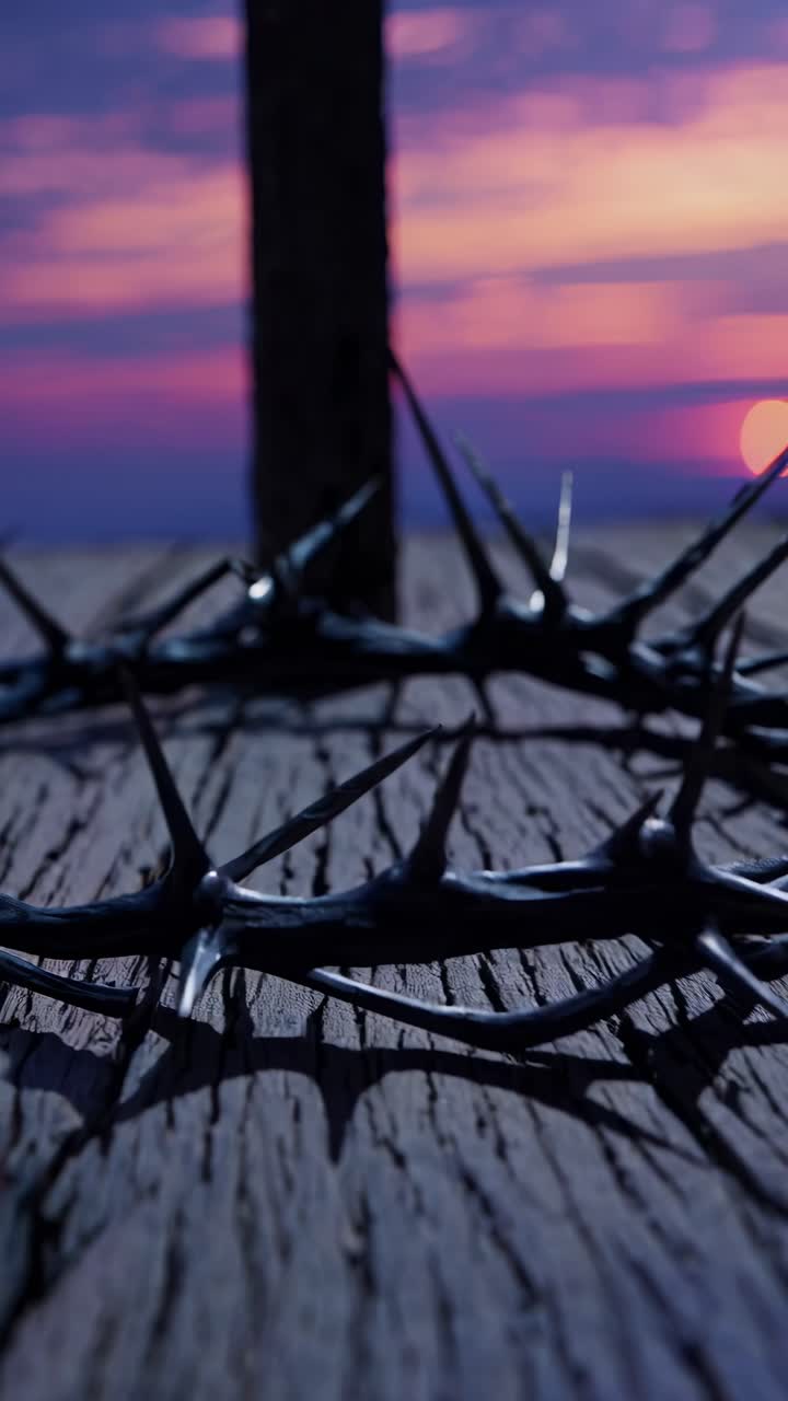 Close-up, low-angle shot of a crown of thorns on a wooden surface at sunset, creating a dramatic