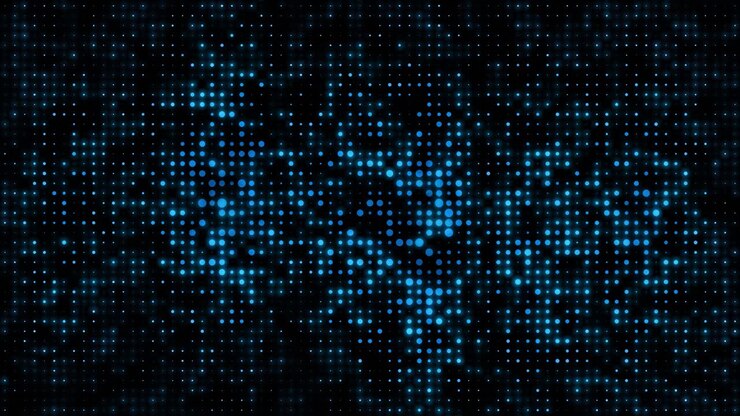 Digital blue dots glowing on black background, futuristic data particles matrix texture, loopable pulsating backdrop