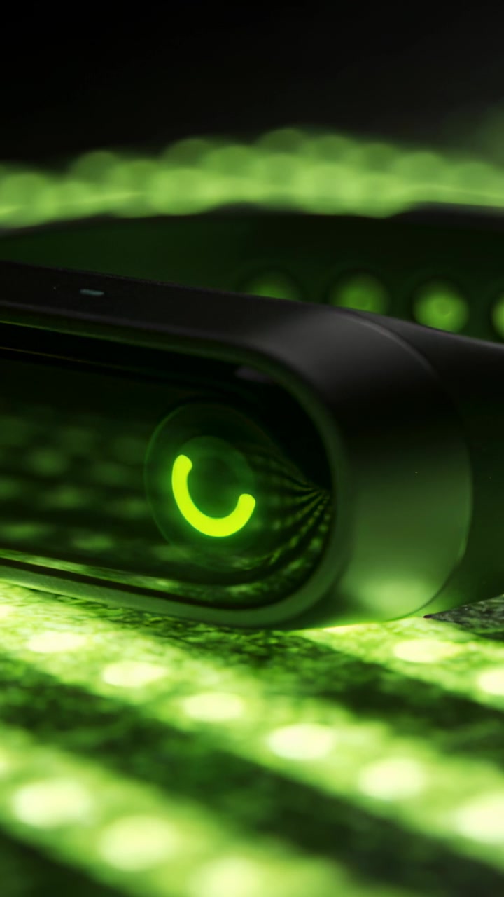 Vertical video: Powering compact device pulsing green LED and showing code glyphs on mat in studio