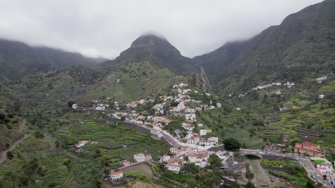 Panoramic aerial view over Hermigua in Santa Cruz de Tenerife. Drone shot