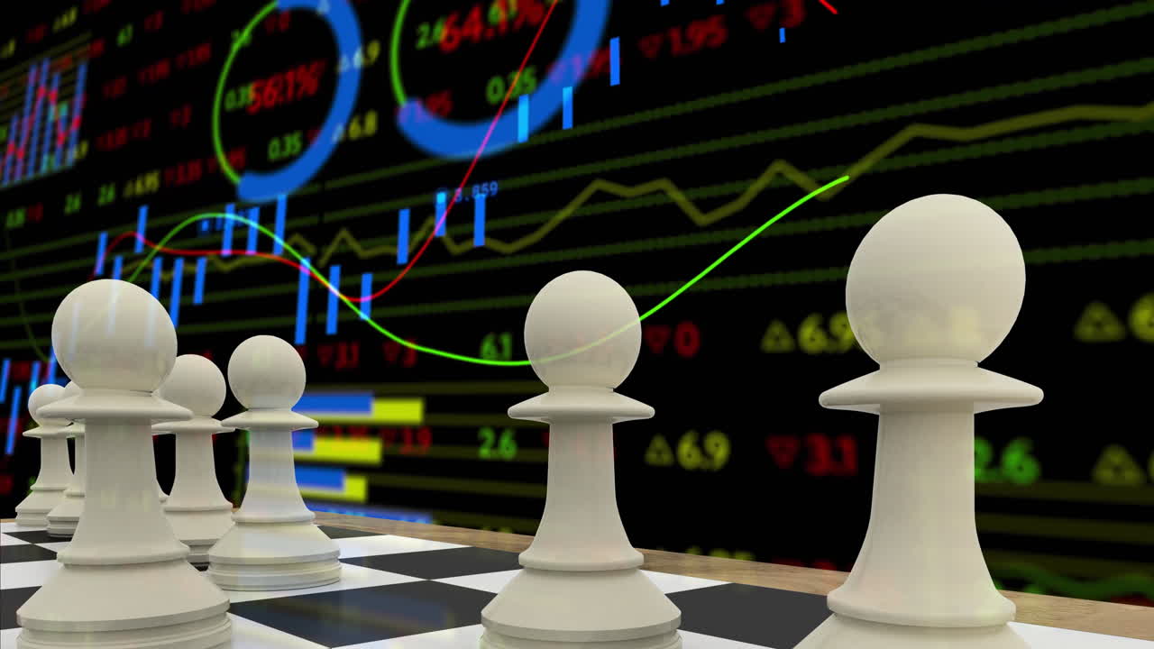 색 체스 조각이 그래프와 차트 위에 애니메이션으로 회색 배경의 데이터를 처리합니다.