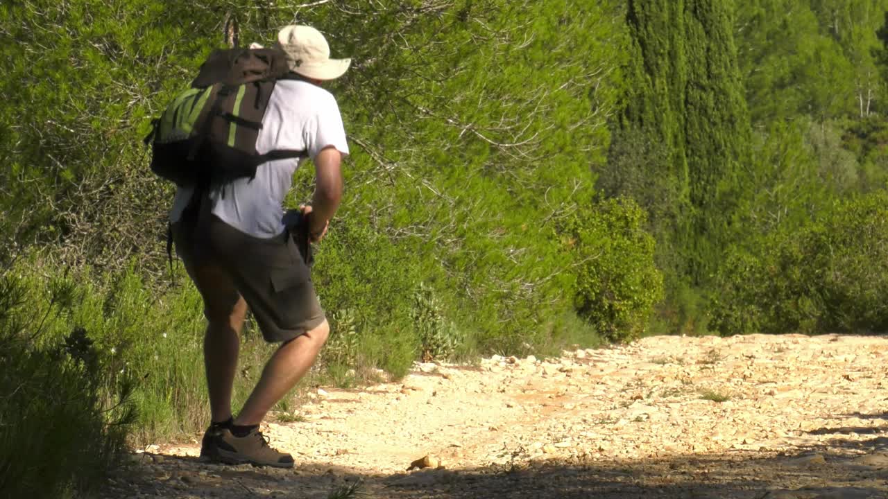 Photographer walking on forest track with camera and backpack