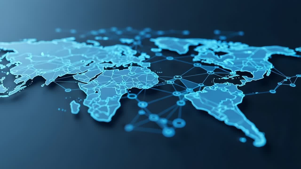 A Stunning Visualization of the World Map in a Digital Blueprint Style, Showcasing Geographical Connections and Network Links Across Continents and Countries