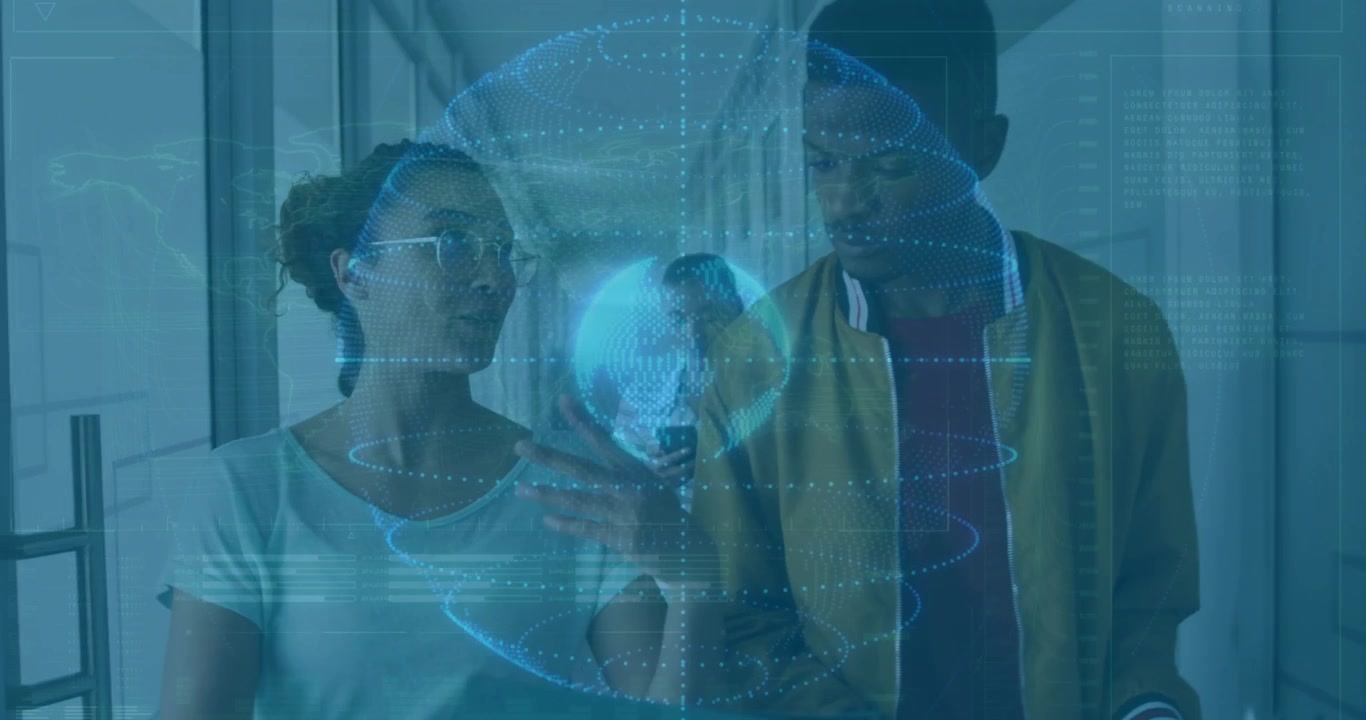 three colleagues collaborating in tech office, interacting with 3D globe hologram and data grids