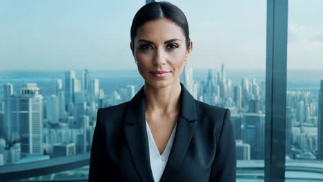 confident businesswoman looking at camera in a cityscape background