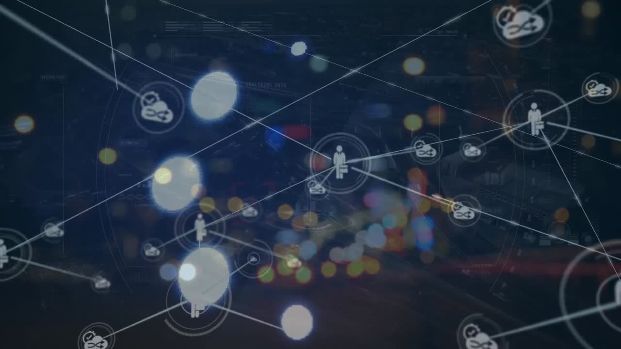 밤 도시 교통에 대항하여 디지털 아이콘 네트워크의 애니메이션