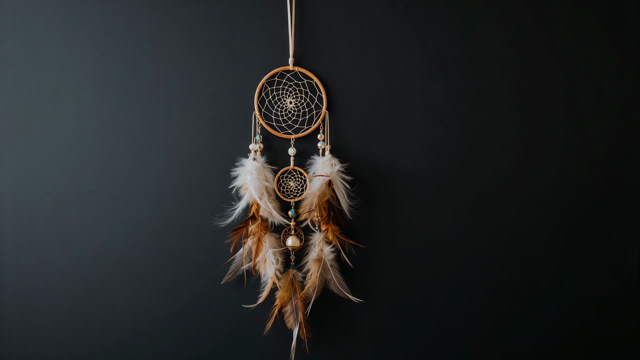 Swaying dreamcatcher beads and feathers in response to gentle draft in quiet room